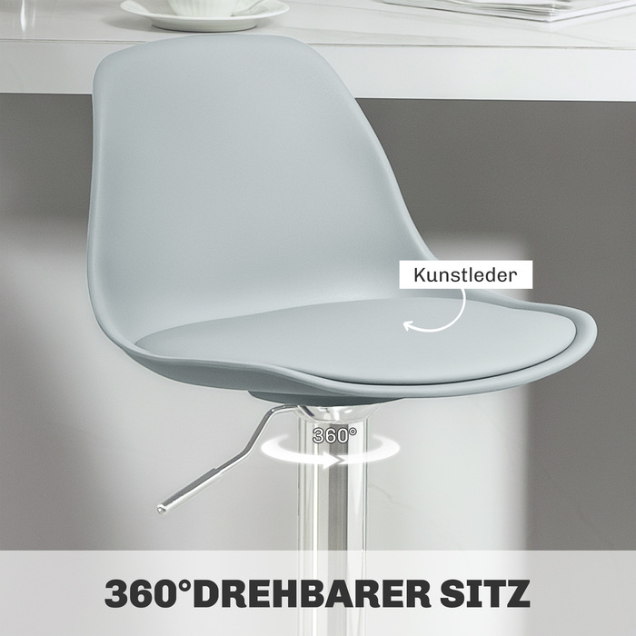 HOMCOM Set of 2 Bar Stools, Upholstered Bar Chair with Steel Frame, Backrest, Height Adjustable Kitchen Stools with Footrest 360° Swivel Counter Stools for Kitchen, Living Room, Dining Room, Faux Leather Grey | Aosom
