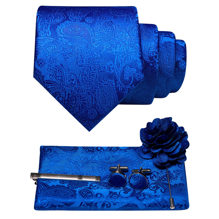 Набір краваток JEMYGINS для чоловіків: краватка з візерунком пава, нагрудна хустинка, краватки-затискач, брош, застібки для манжет (блакитний)