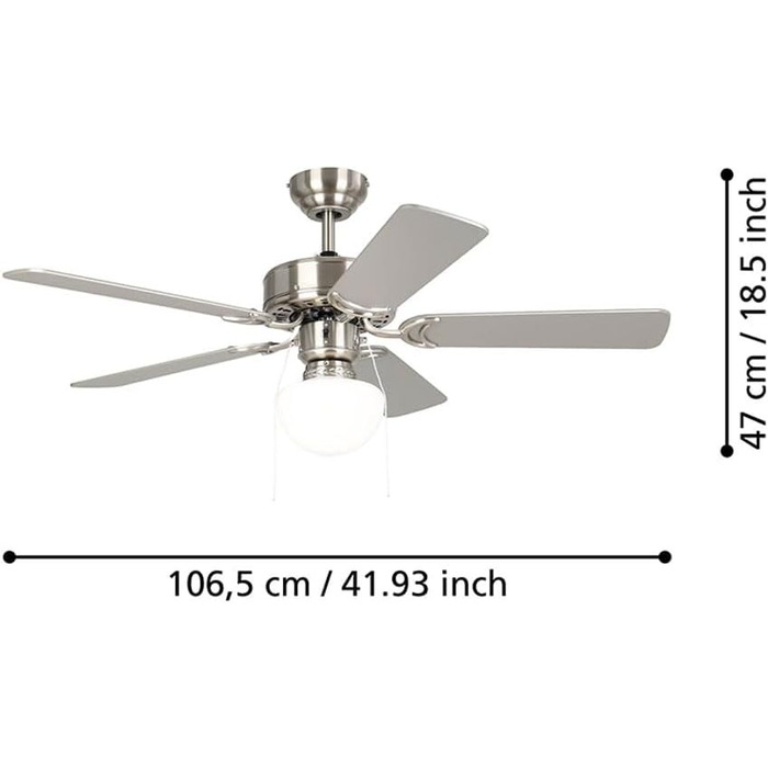 Стеляний вентилятор EGLO CADIZ з 5 лопатями, світлом, ланцюжком, лопаті з МДФ (срібло/дуб), корпус зі сталі (нікель-мат), літньо-зимовий режим, AC двигун, діаметр 106.6 см