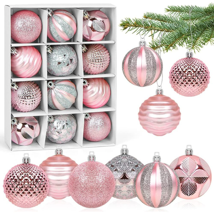 Новорічні кулі для ялинки, пластикові, 6 см, набір 12 шт. (Рожеві)