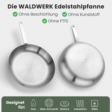 Сковорода нержавіюча WALDWERK 28 см індукційна, жароміцна - без покриття, з шкіряною ручкою