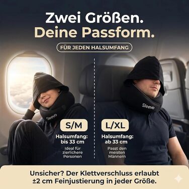 Подушка для шиї в літак з капюшоном та Memory Foam – Подушка-білка, для сну та подорожей – Ергономічна подушка для подорожей, захист від світла та пральна, з сумкою – Чорний (M) Чорний M