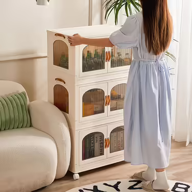 Foldable Kitchen Cabinet 98cm Storage Cabinet with 3 Doors and Wheels Kitchen Cabinet for Living Room, Kitchen, Office, Large White (E-white(2))