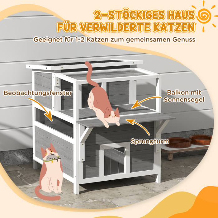 PawHut Cat Cave, Pine Wood Cat House, Cat House with Balcony, Entrances, for Cats up to 5 kg, Outdoor, 64 x 87 x 76 cm, Light Gray | Aosom