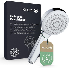 KLUDI-X1 Universal Shower Head with Hose, optional shower spray, water-saving with 3 spray patterns (Body, Hair, Skin), easy-to-clean shower head Ø 10.7 cm, shower hose 1.60 m (Chrome, 1 spray pattern)