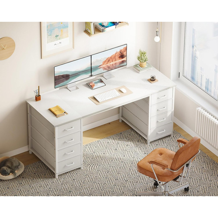 Комп'ютерний стіл Coleshome з 8 висувними ящиками з тканини, 140x48 см, білий. Зберігання, для офісу, дому, ігровий стіл.