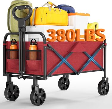 Складний вантажний візок Bollerwagen 220L, червоний: для кемпінгу, саду, пляжу. Сталевий каркас, 600D Oxford PVC, коліщатка 360°, вантажопідйомність 172-200 кг