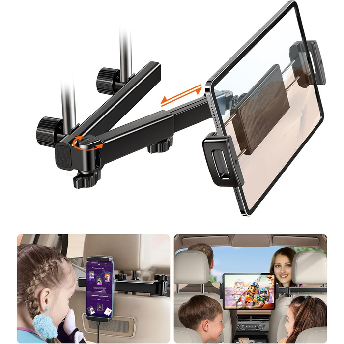 Тримач для планшета в авто, [алюмінієвий довгий кріплення] Тримач для планшету на підголівник авто, [надійно фіксується] Тримач для iPad в авто, чорний, H2
