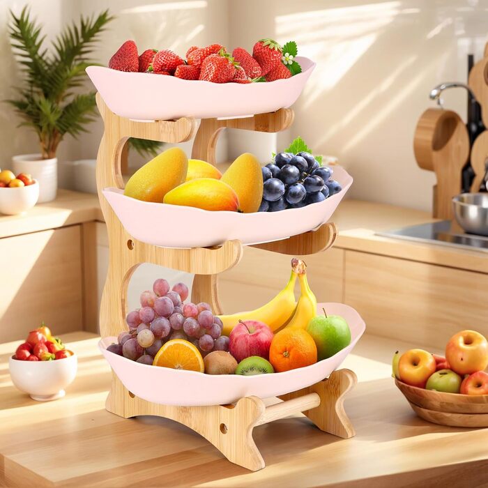 DEECOZY Трирівнева етажерка для фруктів та овочів з бамбуковим підставкою, пластикова фруктова миска, економія місця, для сім'ї, сучасний дизайн (Білий, Бежевий)