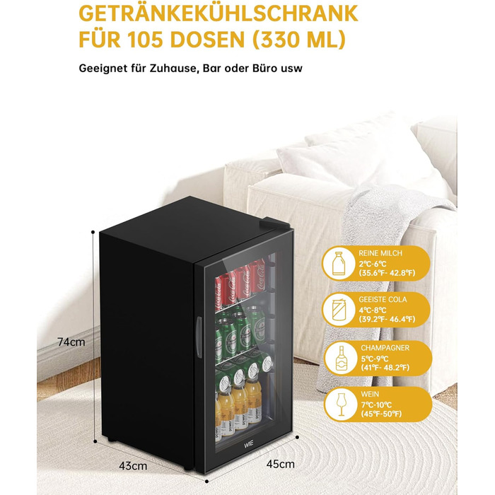 Міні холодильник WIE 70 літрів з подвійними скляними дверима, регульованими полицями для дому, кухні, бару, офісу. Для соди, пива, вина. Тиха робота, 105 доз.