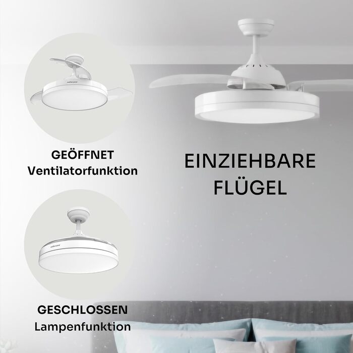 Стельовий вентилятор Mellerware з пультом Brizy, 132 см, DC мотор, 6 швидкостей, літньо-зимовий режим, таймер, білий вбудований