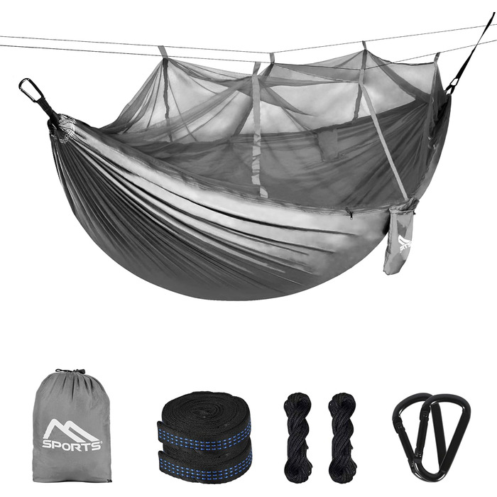 Гамак для кемпінгу MSports Premium Ultraleicht з москітною сіткою | Максимальне навантаження 250 кг, дихаючий матеріал (срібно-сірий)