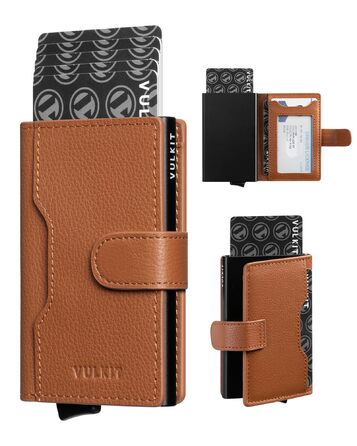 Чоловіче картхолдер VULKIT з RFID блокуванням, шкіряний, на 3 картки та віконце для ID, з магнітною застібкою, червоний (справжня шкіра Litchi)