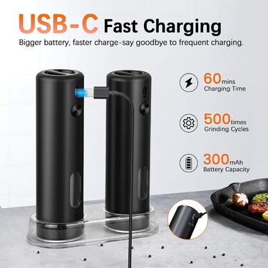 MERTTURM Electric Salt and Pepper Grinder Set with Stand, USB Rechargeable, Automatic Salt and Pepper Dispenser with Large Capacity, External Grind Adjustment for Kitchen (2-Piece Set)