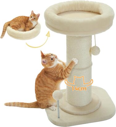 PAWZ Road Cat Tree, Tall Cat Scratching Post for Indoor Cats with Super Thick Scratching Post [Dia=14cm], Detachable Fluffy Cat Bed, Cat Scratching Post with Feather Ball, Beige