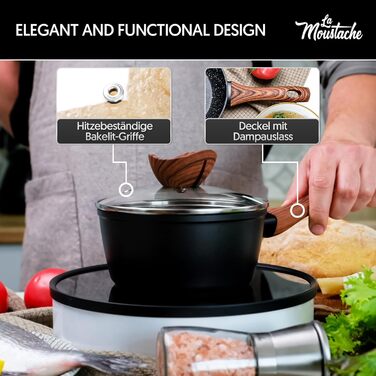 La Moustache - 8-Piece Cookware Set, Non-Stick Aluminum, 3 Pots with 3 Tempered Glass Lids and 2 Frying Pans for All Cooktops, Including Induction (Onix)