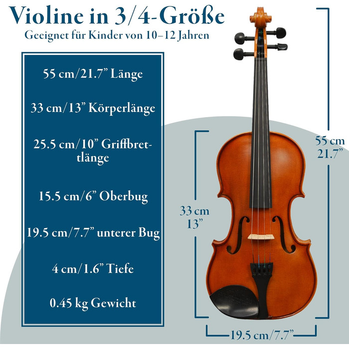 Скрипка Forenza Prima 2 4/4 - повний комплект з ебонітовими накладками, легка, з дерев'яним луком, Розінг, сталевими струнами (розмір 3/4)