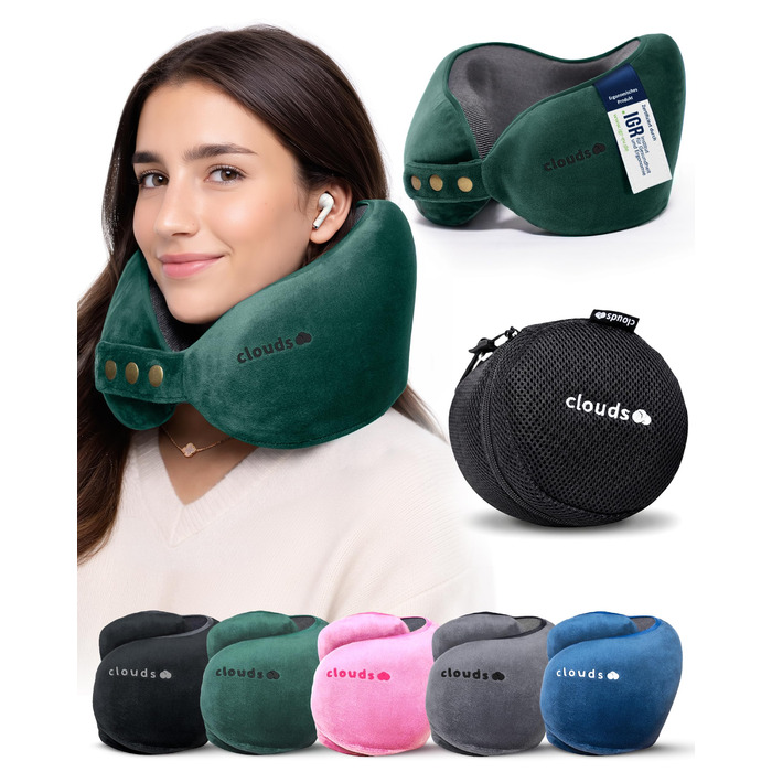 Подушка для шиї CLOUDS для подорожей: Memory Foam, 2 розміри, дихаючий чохол, 5 кольорів (зелений, S/M). Підходить для літака та авто.
