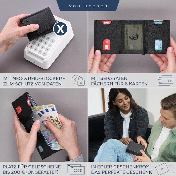 Шкіряний тонкий гаманець VON HEESEN з RFID захистом — компактний картхолдер та портмоне для чоловіків та жінок, чорний (без монетниці)