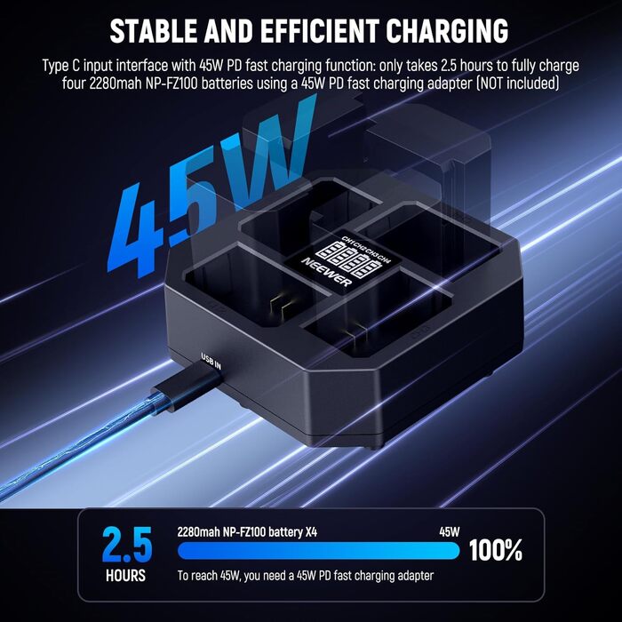 Зарядний пристрій NEEWER Dual USB з LCD-дисплеєм для акумуляторів Sony NP-FZ100 та камер Sony ZV-E1, FX3, FX30, A1, A9 II, A7R V, A7S III, A7 IV, A6600, A7C