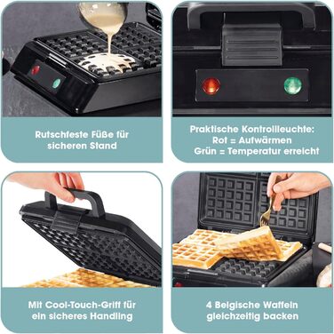 Gourmetmaxx Belgian Waffle Maker - 1000W - Non-Stick Coating - Even Heat Distribution - Makes 4 Waffles