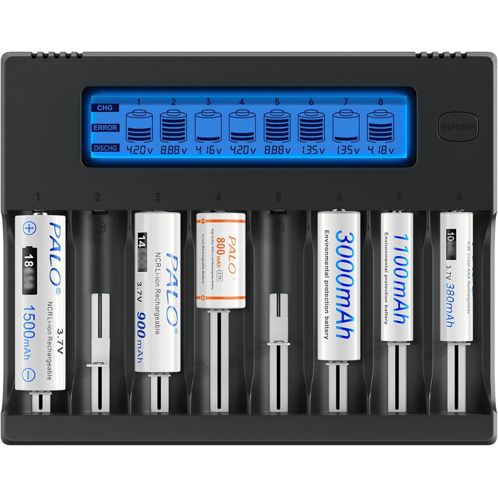 Інтелектуальна зарядка для акумуляторів 18650 з LCD-дисплеєм - 8 слотів, універсальна, з функцією розряду, для 18650, 26650, 16340, 21700, 14500, 17500, CR123A, AA/AAA