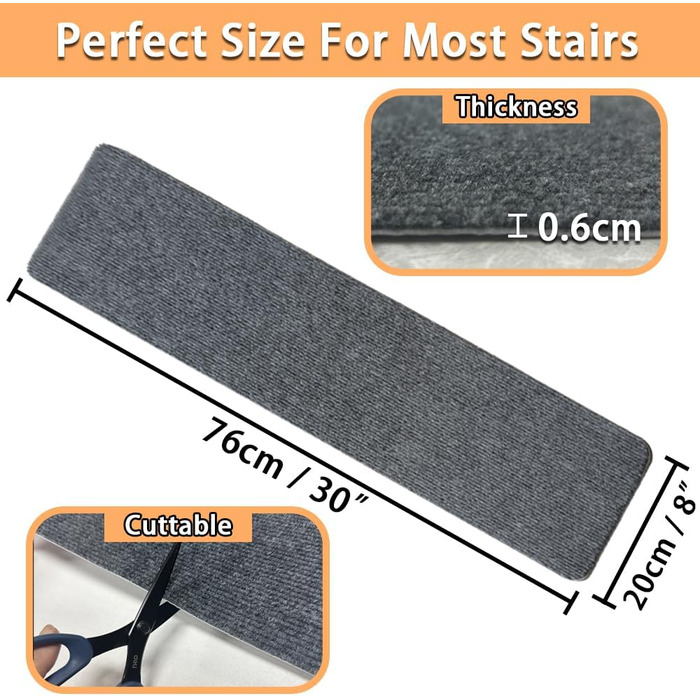 Набори килимків для сходів Aucuda, 15 шт., сірі, 76x20 см, антиковзаючі, самоклеючі, для захисту дерев'яних ступенів