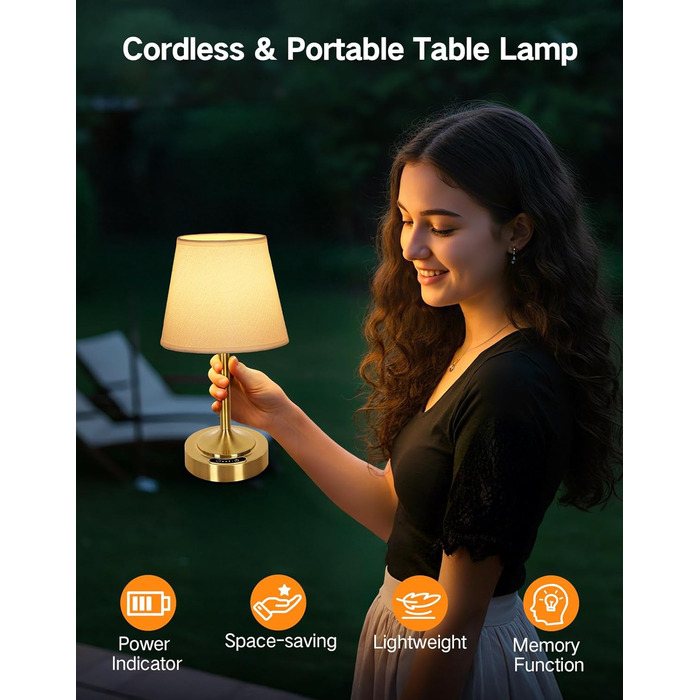 Акумуляторна LED настільна лампа OUTON з зарядкою та димером, 3 кольори світла, 4000mAh, до 60 год роботи, золота - 1 шт.