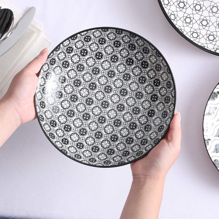 Набір тарілок Vancasso Haruka: 8 шт. (4 супові, 4 глибокі), кераміка, 700мл, діаметр 21 см (чорний + кремовий)