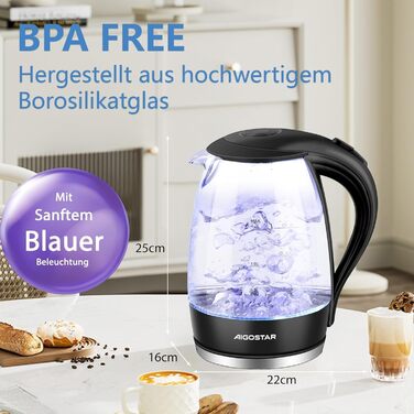 Електричний чайник Aigostar Adam 2 шт., 1.7 л, 2200 Вт, зі скляною колбою, LED-підсвічуванням, без BPA, з фільтром від накипу, чорний