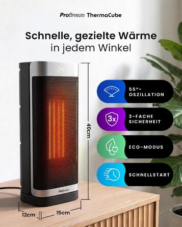 Керамічний тепловентилятор-товіль Pro Breeze ThermaCube Plus 2200W з термостатом, дистанційним керуванням та Eco-режимом, поворот 65°, захист від перекидання