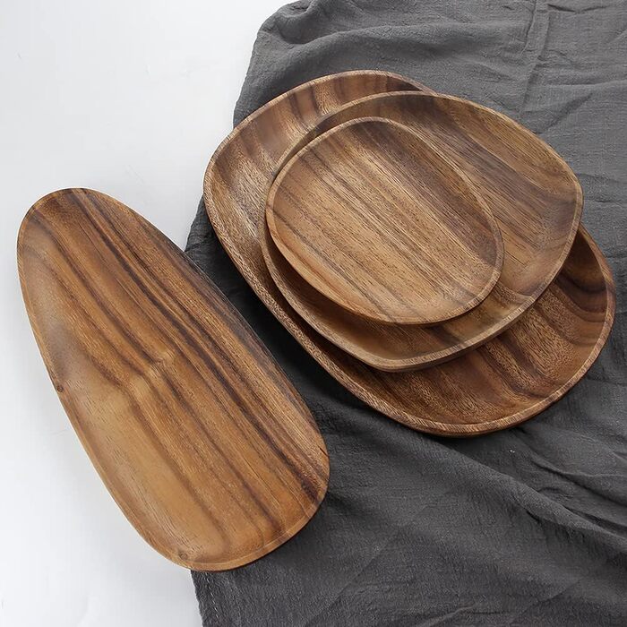 Set of 4 Serving Trays, Irregular Round Wooden Plates & Platters for Snacks, Cheese, Appetizers, Dessert, Sushi, Fruit, Salad, Wooden Serving Board