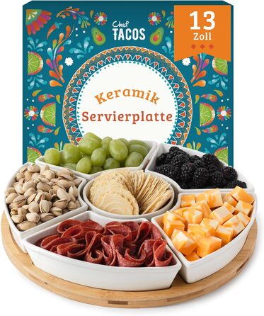 Ceramic Taco Serving Platter - Divided Serving Tray for Taco Tuesday Lazy Susan Taco Bar - Chip and Dip Serving Set for Party - Appetizer Serving Tray for Salsa, Snacks (33 cm)