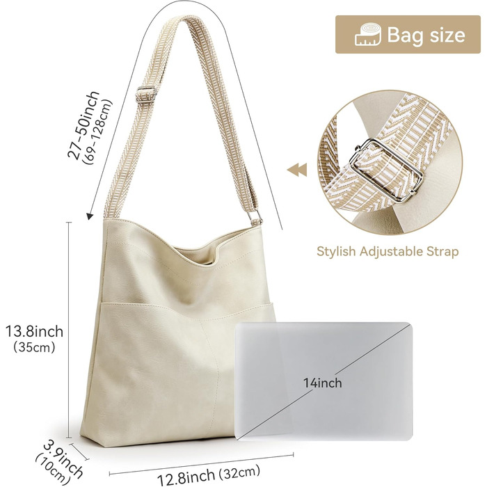 Сумка Kalidi Shopper для жінок, велика сумка-тоут, екошкіра, бежева. Для коледжу, школи, роботи, подорожей, шопінгу