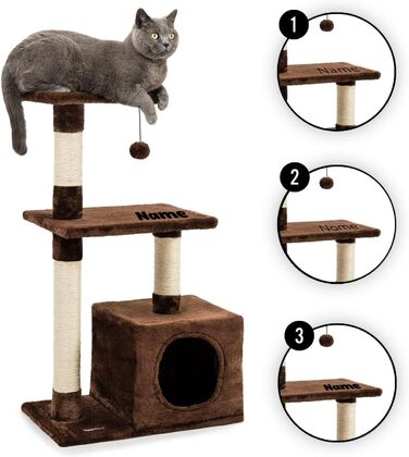 Lionto Scratching Post for Cats with Cave and Plush Ball incl. Bell, Height 85 cm, Cat Tree with Sisal & Plush, Cozy Lying Areas & Cave, Suitable for Small & Large Cats, (Brown (with nameplate))