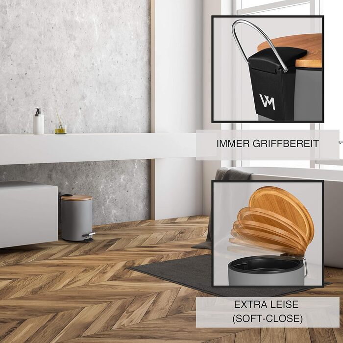 Смітник для косметики VMbathrooms з педаллю та бамбуковою кришкою, Soft-Close, 3 л, матово-сірий