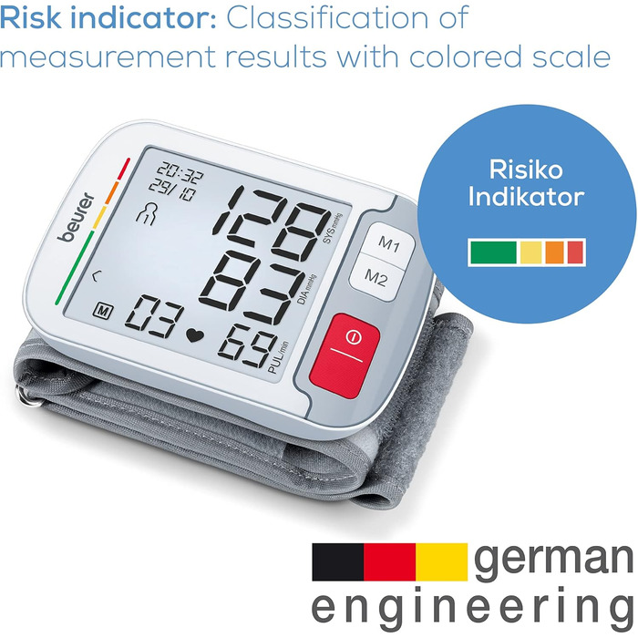 Тонометр Beurer BC 51 на зап'ясті: клінічно перевірений, з індикатором позиціонування, великим екраном, кольоровим індикатором ризику та визначенням аритмії, 2 x 120 місця пам'яті