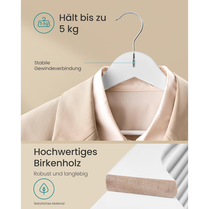 Плечики SONGMICS для одягу, 30 шт., з дерева, для сорочок та курток, білий, CRW030W02
