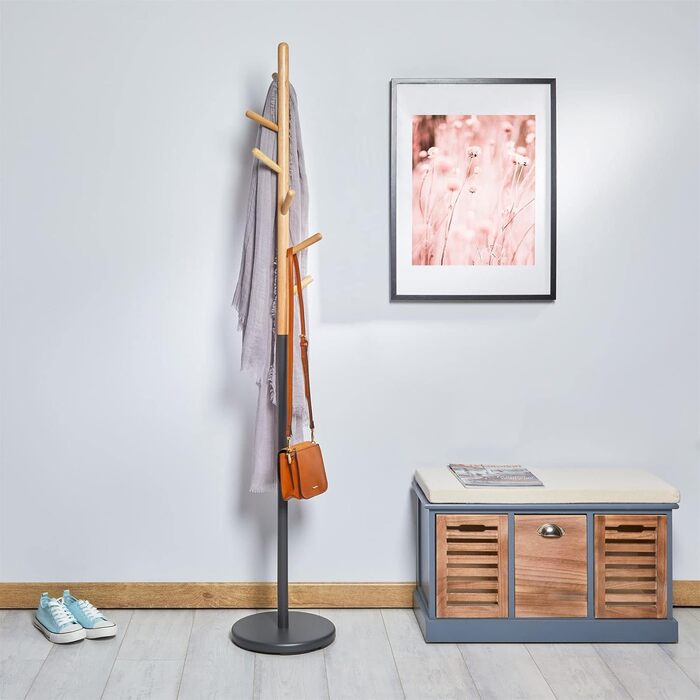 IDIMEX Clothes Rack Enrico, Elegant Standing Coat Rack with 6 Hooks, Beautiful Coat Stand made of Metal and Pine Wood in White/Natural (Grey/Natural)