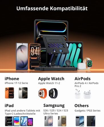 Зарядна станція GEEKERA 4-в-1 для Apple: магнітне індуктивне зарядне для iPhone, iPad, Apple Watch та AirPods, вбудований кабель, металевий чорний