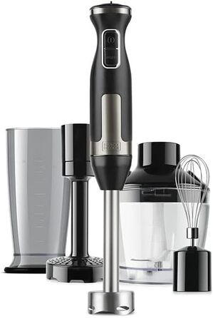 Блендер ручний BLACK+DECKER BXHBA1500E, 1500 Вт, 20 швидкостей, турбо, нержавіюча сталь, з насадками (віночок, подрібнювач, мірний стакан), захист від бризок