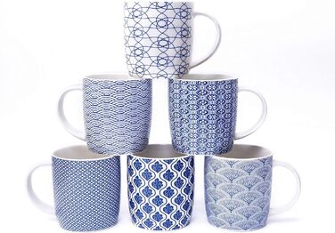 Set of 6 coffee cups with black and white geometric pattern, ceramic tea cup set of 6 (black cup set) (Blue)