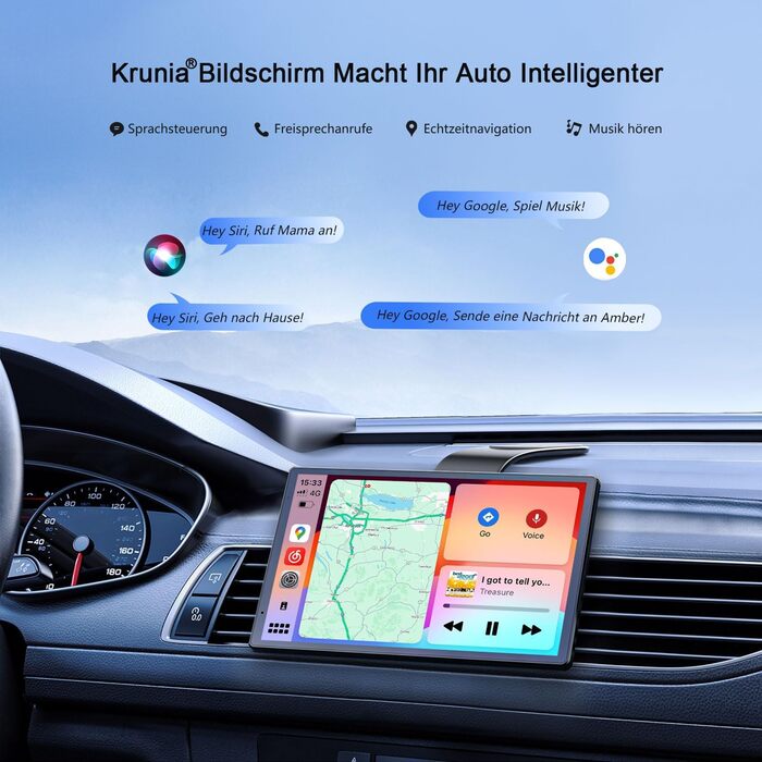 Портативна автомагнітола Krunia 8'' з Apple CarPlay і Android Auto, 1440x900 HD-дисплей, магнітне кріплення, OTA-оновлення, камера заднього виду, Bluetooth, голосове керування, GPS-навігація