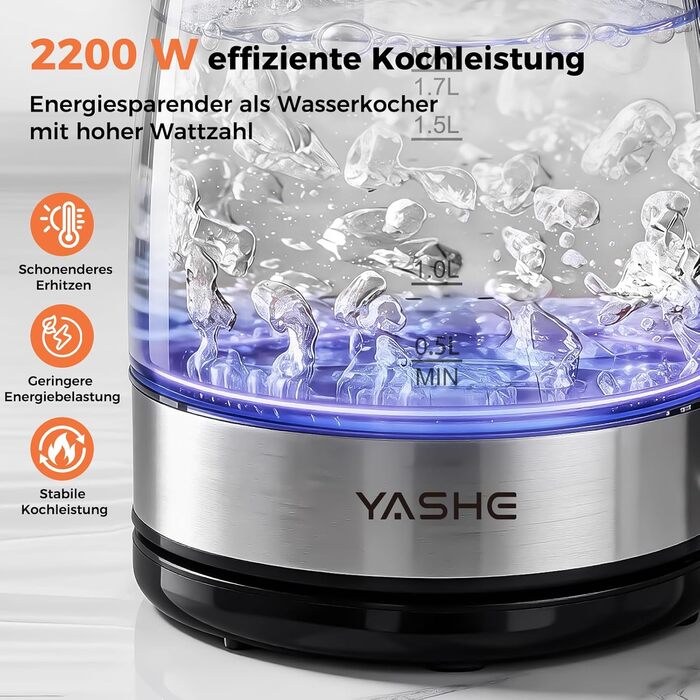 Скляний електрочайник YASHE з регулюванням температури 1.7л, 2200Вт, чорний — 5 рівнів нагріву, LED-підсвітка, функція підігріву 30 хв, фільтр від накипу