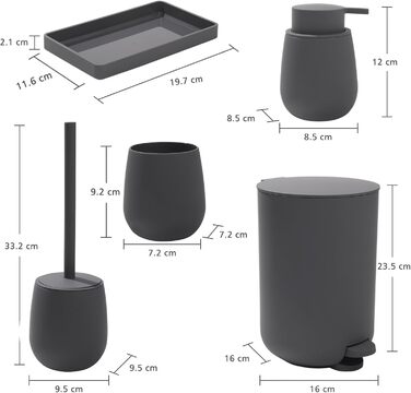 Набір для ванної кімнати AJEUNGAIN, сірий, 5 предметів: відро для сміття, тримач для туалетного паперу, диспенсер для мила, стакан для зубних щіток, піднос.