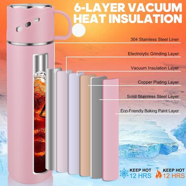 Термокружка-термос з нержавіючої сталі 550 мл, без витоку, з чашкою та ручкою, вакуумна термоізоляція 12 год гаряча / 12 год холодна, неслизька, для кави, спорту, роботи, школи, автомобіля (Рожева)