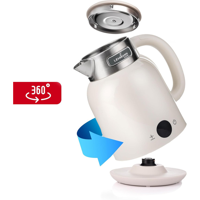 Електричний чайник LEHMANN з регулюванням температури 40-100°C, 1,5L, функцією підігріву, швидким нагріванням, LED-дисплеєм, нержавіючою сталлю, автовимкненням та захистом від перегріву, BPA-free, кремовий
