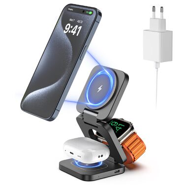 Зарядна станція KU XIU X55 15W MagSafe 3-в-1: для Apple Watch, iPhone 17-12, AirPods + USB-C 30W адаптер, сіра, складана, магнітна