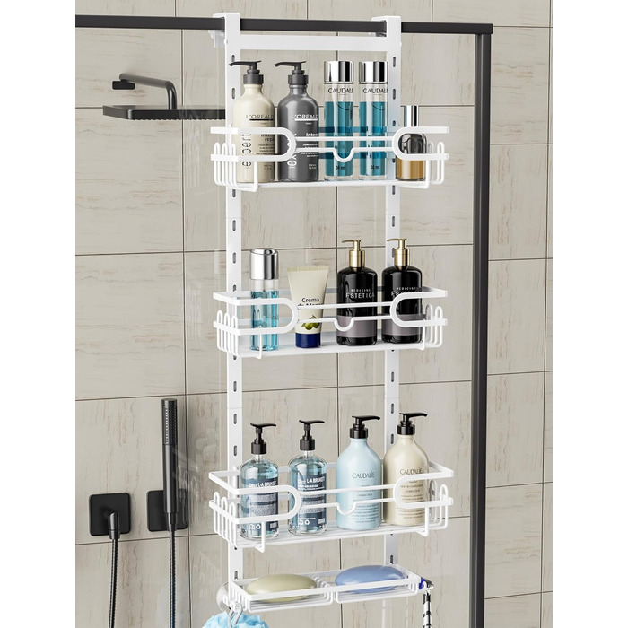 HapiRm Shower Shelf - Hanging Shower Rack Adjustable with 4 Shower Baskets, Shower Shelf No Drilling with Soap Dish and Hooks, Shower Shelf Over the Door Glass Wall & Bathroom Door (White)