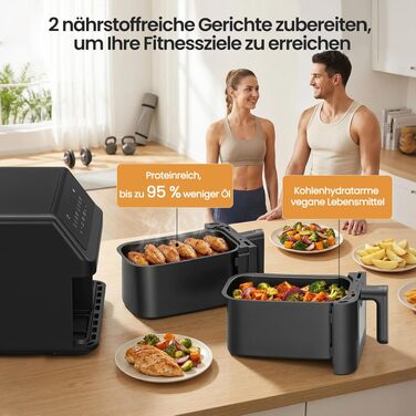 Аерофритюрниця LLIVEKIT 9L з двома камерами (2x4.5L), 8 програм, 4D конвекція, функція Sync-Finish, енергоощадна, чорна